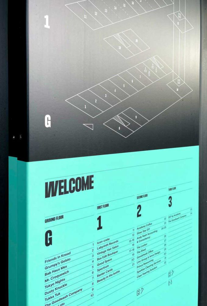 Wayfinding totem at the Goodsheds Barry manufactured and fitted by Sauce