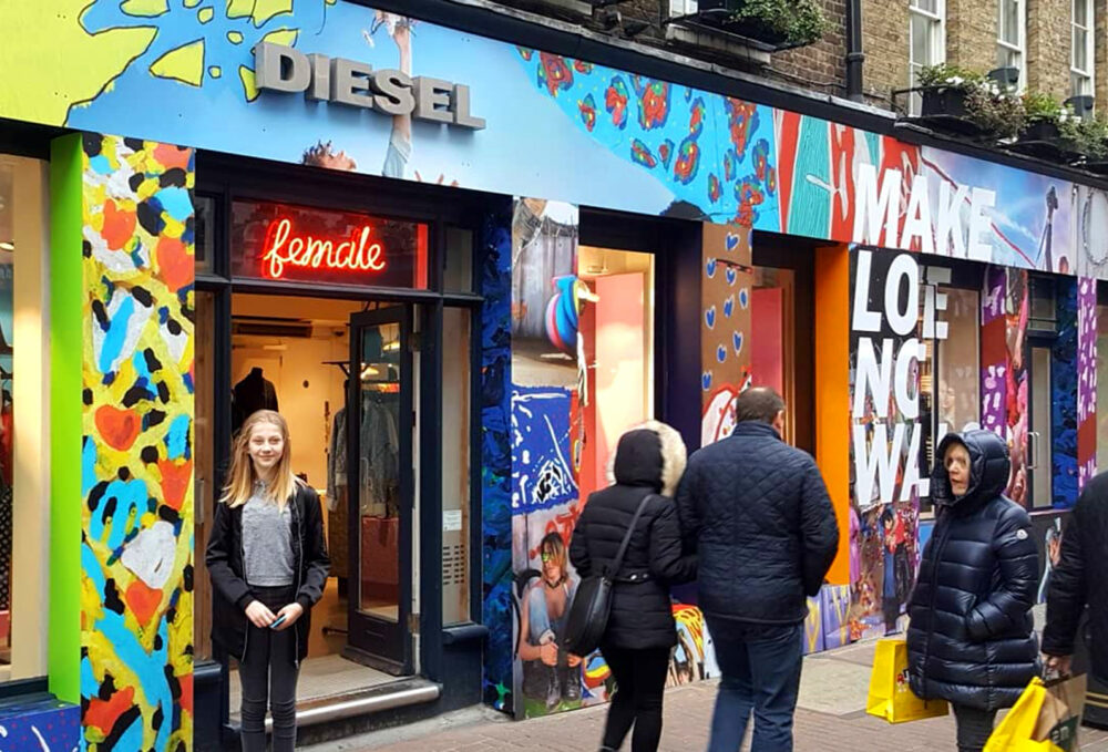 Vibrant vinyl graphics applied to the Diesel store London, by Sauce signage & displays
