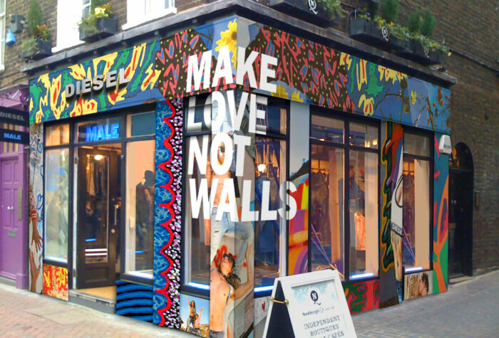 Make Love not Walls branding applied to the Diesel store London, by Sauce Signage & displays