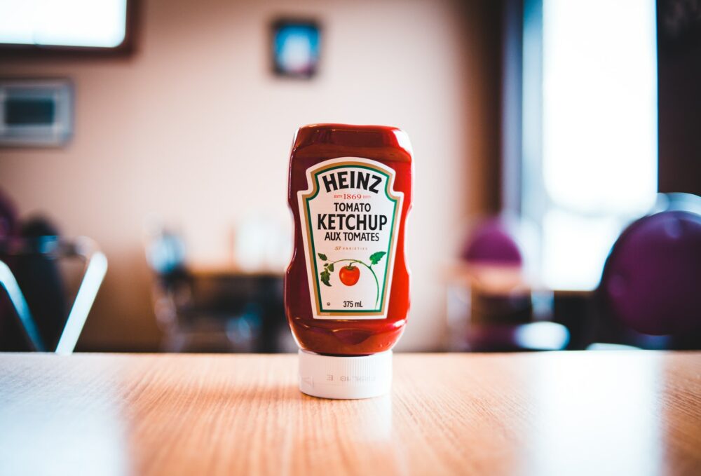 Bottle of Heinz Tomato Sauce on a table